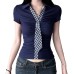 Plaid Collar Tie Turn-down Collar Shirt Design Pleated Waist Slimming Spicy Girl Style Short Sleeve Top