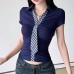 Plaid Collar Tie Turn-down Collar Shirt Design Pleated Waist Slimming Spicy Girl Style Short Sleeve Top