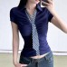Plaid Collar Tie Turn-down Collar Shirt Design Pleated Waist Slimming Spicy Girl Style Short Sleeve Top