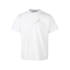Splicing Designer Unique Button Round Neck Casual Short Sleeve Top