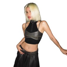 Street Style Unique Design Faux Two-Piece Leather Splicing Strapless Shoulder Cutout Crop Top Street Style Unique Design Faux Two-Piece Leather Splicing Strapless Shoulder Cutout Crop Top