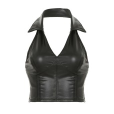 Street Style Motorcycle PU Leather Notched Collar Strapless Fitted Crop Top Women's Shoulder Cutout Versatile Casual Top
