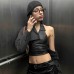 Street Style Motorcycle PU Leather Notched Collar Strapless Fitted Crop Top Women's Shoulder Cutout Versatile Casual Top