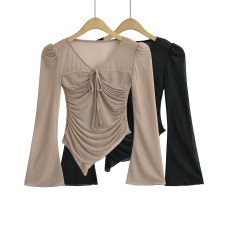 V-neck pleated lace up top