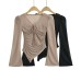 V-neck pleated lace up top