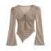 V-neck pleated lace up top