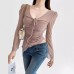 V-neck pleated lace up top