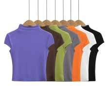Half high collar patchwork bag sleeves with exposed navel top