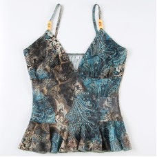 Vintage Ethnic Print Mesh Skirt Hem Strapless Top with V-Neck and Waistline Design