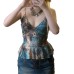 Vintage Ethnic Print Mesh Skirt Hem Strapless Top with V-Neck and Waistline Design
