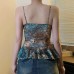 Vintage Ethnic Print Mesh Skirt Hem Strapless Top with V-Neck and Waistline Design