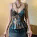 Vintage Ethnic Print Mesh Skirt Hem Strapless Top with V-Neck and Waistline Design