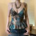 Vintage Ethnic Print Mesh Skirt Hem Strapless Top with V-Neck and Waistline Design