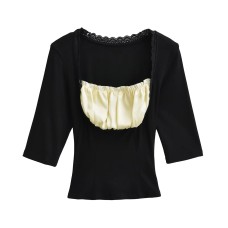 Lace lace patchwork square neck contrasting five quarter sleeve top Lace lace patchwork square neck contrasting five quarter sleeve top