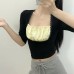 Lace lace patchwork square neck contrasting five quarter sleeve top