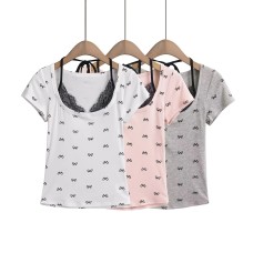 Bow tie neck tie tied short sleeved top