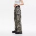 Camouflage Large Pocket Design Wrinkled Button Outdoor Straight Leg Wide Leg Jeans Long Pants Trendy