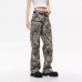 Camouflage Large Pocket Design Wrinkled Button Outdoor Straight Leg Wide Leg Jeans Long Pants Trendy