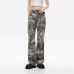 Camouflage Large Pocket Design Wrinkled Button Outdoor Straight Leg Wide Leg Jeans Long Pants Trendy