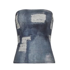 Street Retro Denim Print One-Shoulder Fitted Wrap Crop Top Women's Distressed Waist-Cinching Base Layer Top