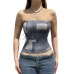 Street Retro Denim Print One-Shoulder Fitted Wrap Crop Top Women's Distressed Waist-Cinching Base Layer Top