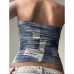 Street Retro Denim Print One-Shoulder Fitted Wrap Crop Top Women's Distressed Waist-Cinching Base Layer Top