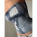 Street Retro Denim Print One-Shoulder Fitted Wrap Crop Top Women's Distressed Waist-Cinching Base Layer Top