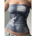 Street Retro Denim Print One-Shoulder Fitted Wrap Crop Top Women's Distressed Waist-Cinching Base Layer Top