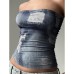 Street Retro Denim Print One-Shoulder Fitted Wrap Crop Top Women's Distressed Waist-Cinching Base Layer Top