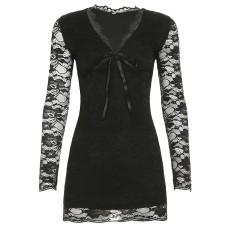 Lace Trimmed V-Neck Tie-Waist Bodycon Dress with Sheer Design Lace Trimmed V-Neck Tie-Waist Bodycon Dress with Sheer Design