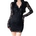 Lace Trimmed V-Neck Tie-Waist Bodycon Dress with Sheer Design