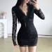 Lace Trimmed V-Neck Tie-Waist Bodycon Dress with Sheer Design