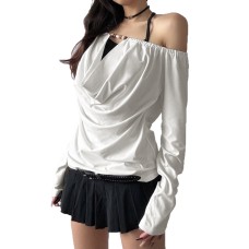 Design Sense Beaded Swing Neck Halter Fake Two-Piece Top Loose Women's Clothing