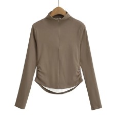 Stand up collar zipper fake two piece long sleeved T-shirt