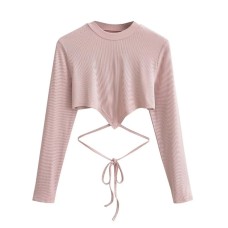 Tailored back strap exposed navel long sleeved t-shirt