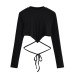 Tailored back strap exposed navel long sleeved t-shirt