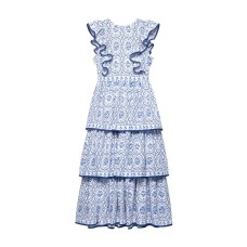 Round neck ruffle edge floral waist cinching long dress for women