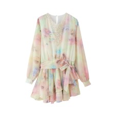 Round neck long sleeved layered decorative printed dress for women