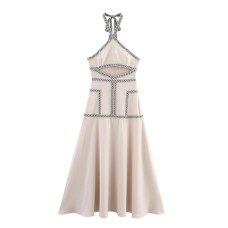 Sexy backless woven belt hanging neck suspender dress for women