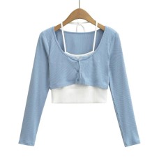 Hanging neck tie fake two piece long sleeved T-shirt