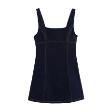 U-neck sleeveless denim suspender with side zipper dress for women