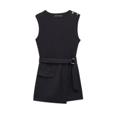 Round neck sleeveless waist with waistband patchwork jumpsuit for women