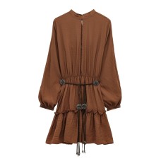 Half high collar long sleeved belt layered dress for women