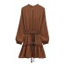 Half high collar long sleeved belt layered dress for women