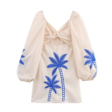 V-neck long sleeved waist hollow out short skirt dress for women