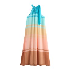 Hanging neck collar sleeveless contrasting A-line long dress for women Hanging neck collar sleeveless contrasting A-line long dress for women