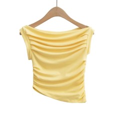 Solid color slanted shoulder pleated one neck vest top