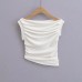 Solid color slanted shoulder pleated one neck vest top