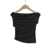 Solid color slanted shoulder pleated one neck vest top