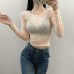 Wave dot slightly transparent neck hanging long sleeved top